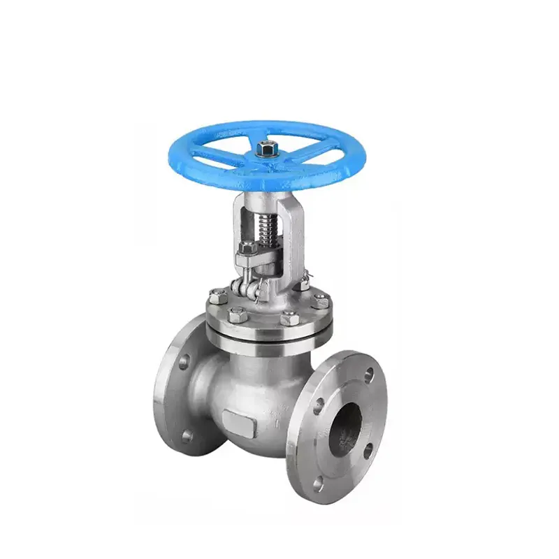 Manuelles Edelstahl-Globusventil mit Flansch, Frontansicht zeigt Handrad und Karosseriestruktur