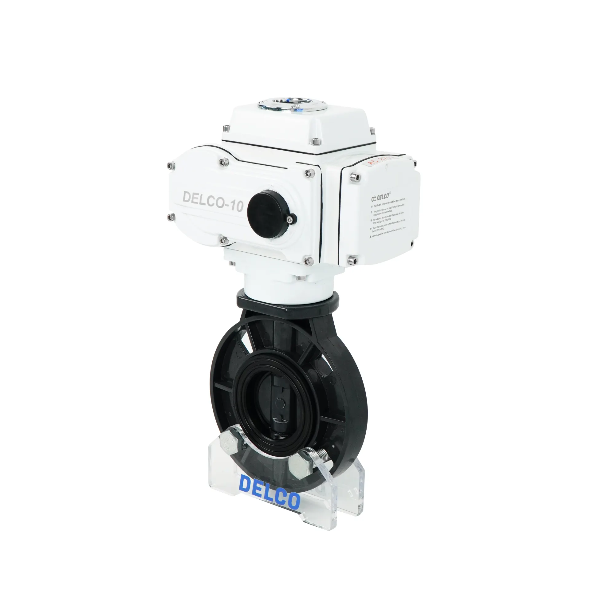 Rechte Seitenansicht des DK56-PB elektrischen UPVC-Schmetterlingsventils, das Details zum Aktuatoranschluss und Ventilgehäuse zeigt.